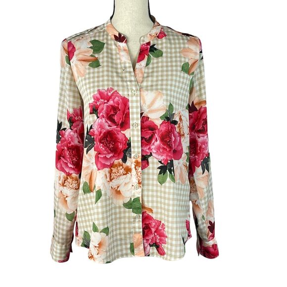 Calvin Klein Small Top Floral Checked Long Roll-Tab Sleeves V-Neck Button-Up - Picture 1 of 12